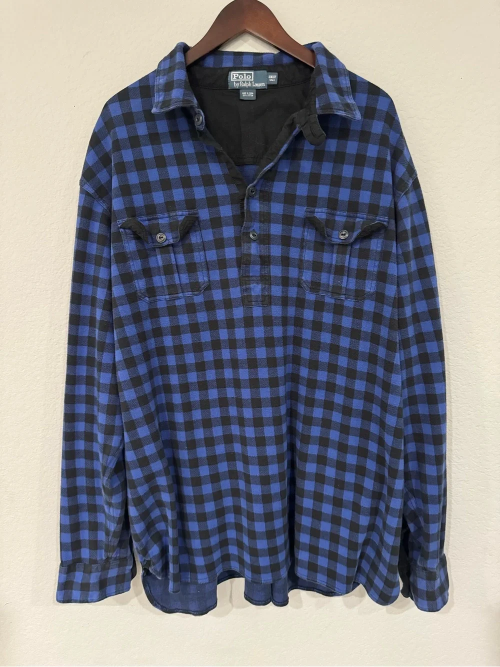Vintage Polo Ralph Lauren Half Button Flannel Pullover Blue Plaid Mens Size 3XLT